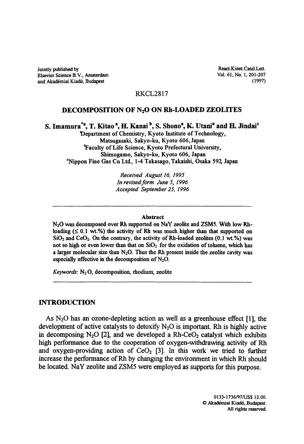 Decomposition of N <Subscript>2 <Subscript>O on Rh-loaded zeolites by Unknown