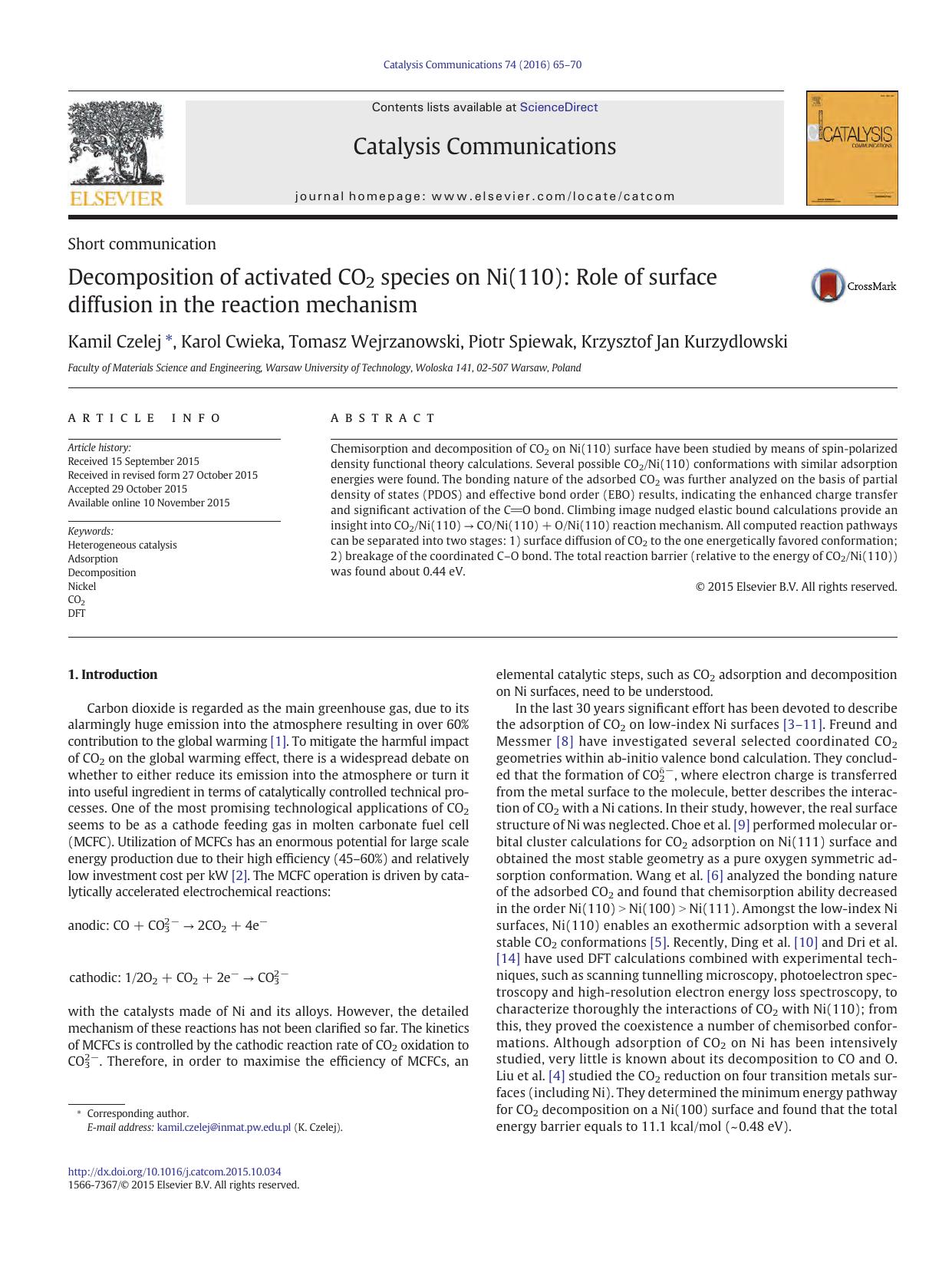 Decomposition of activated CO2 species on Ni(110): Role of surface diffusion in the reaction mechanism by Kamil Czelej & Karol Cwieka & Tomasz Wejrzanowski & Piotr Spiewak & Krzysztof Jan Kurzydlowski