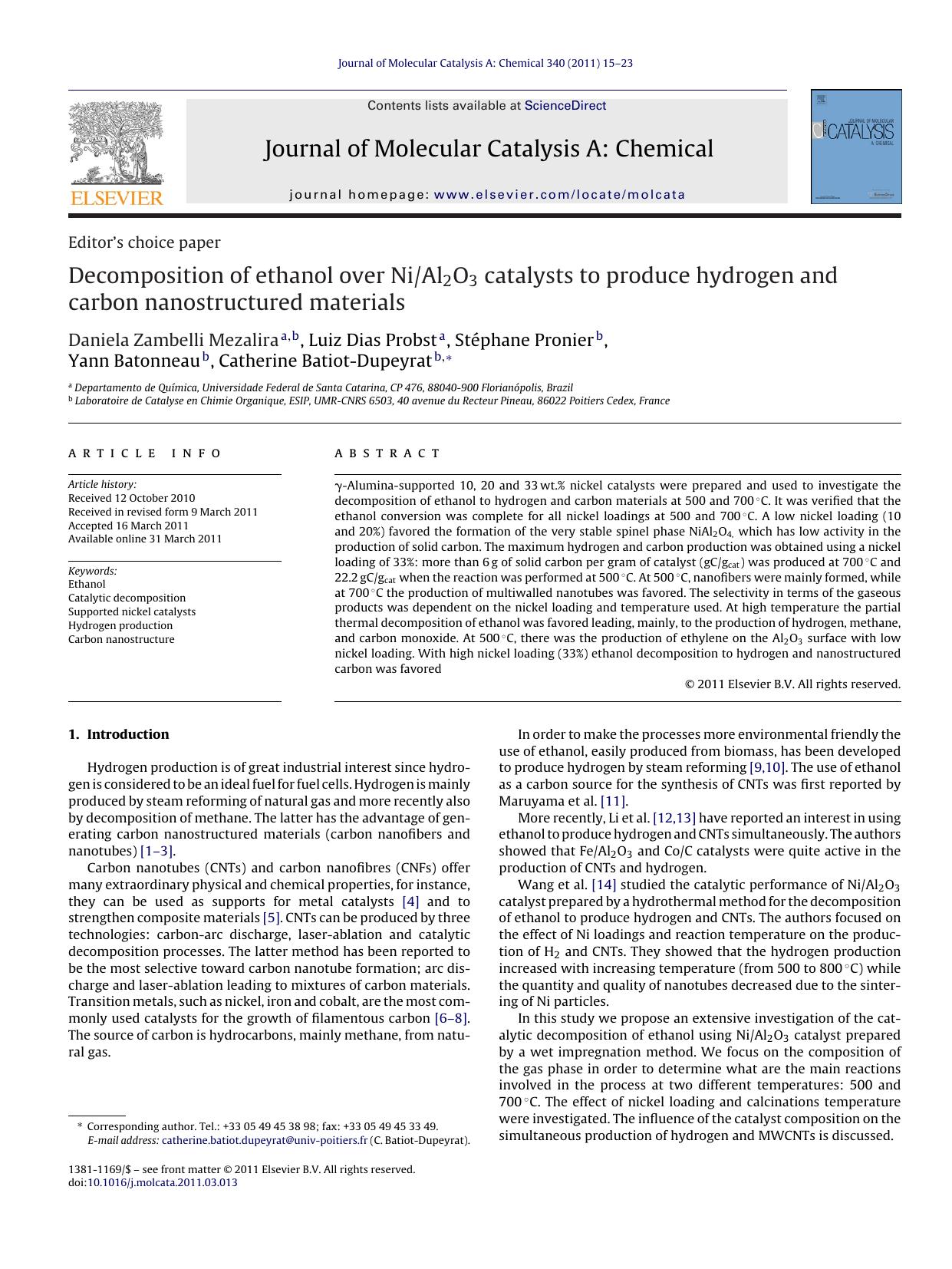 Decomposition of ethanol over NiAl2O3 catalysts to produce hydrogen and carbon nanostructured materials by Daniela Zambelli Mezalira