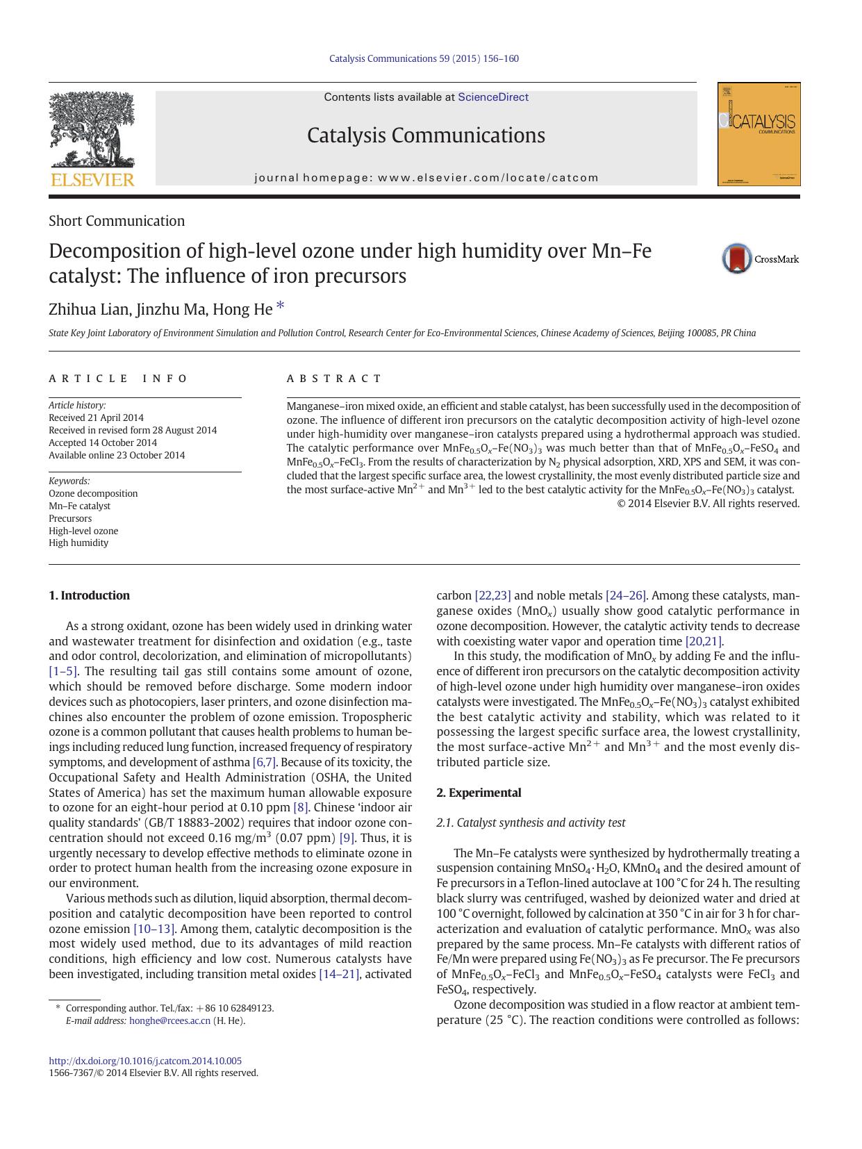 Decomposition of high-level ozone under high humidity over MnâFe catalyst: The influence of iron precursors by Zhihua Lian & Jinzhu Ma & Hong He