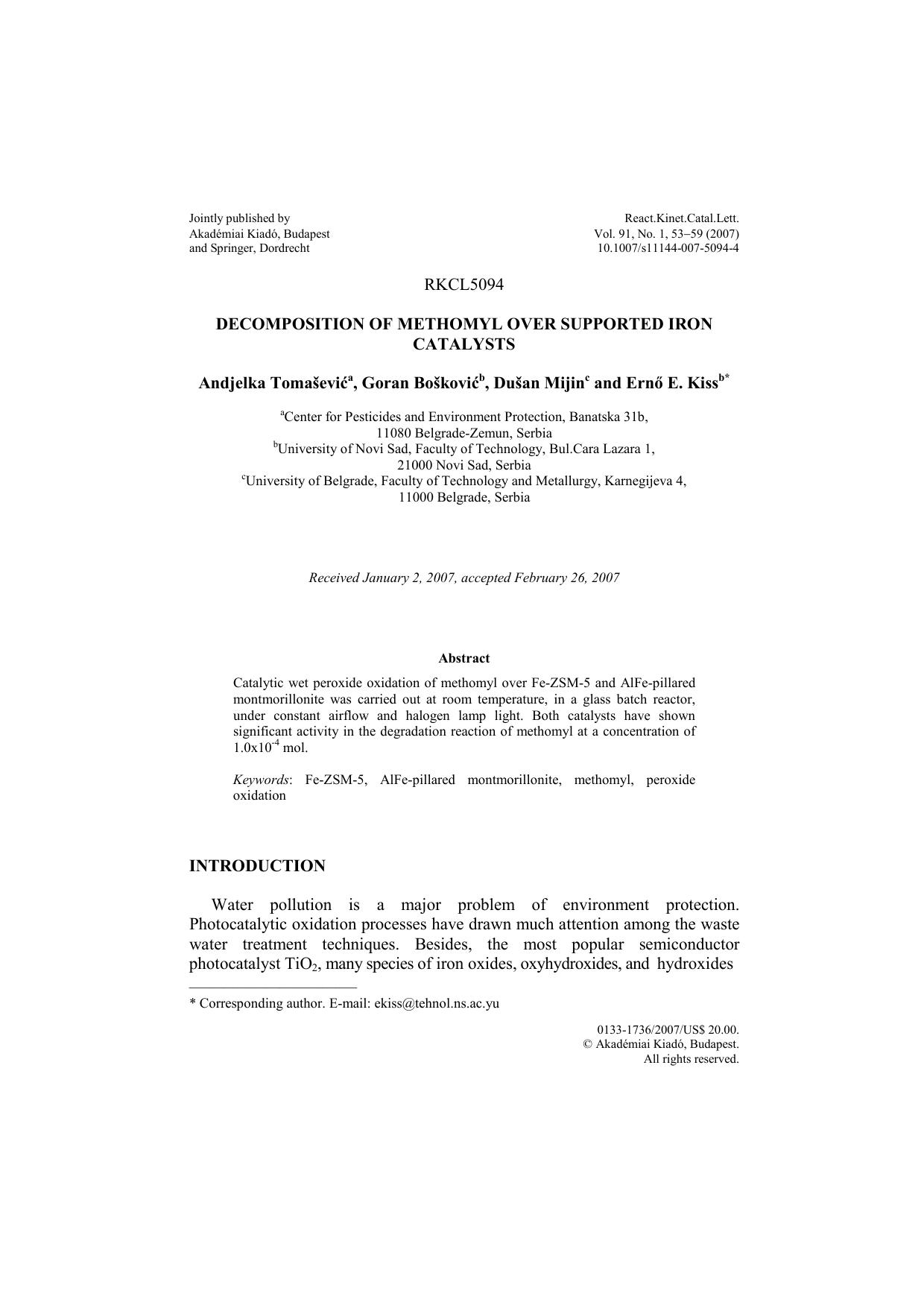 Decomposition of methomyl over supported iron catalysts by Unknown