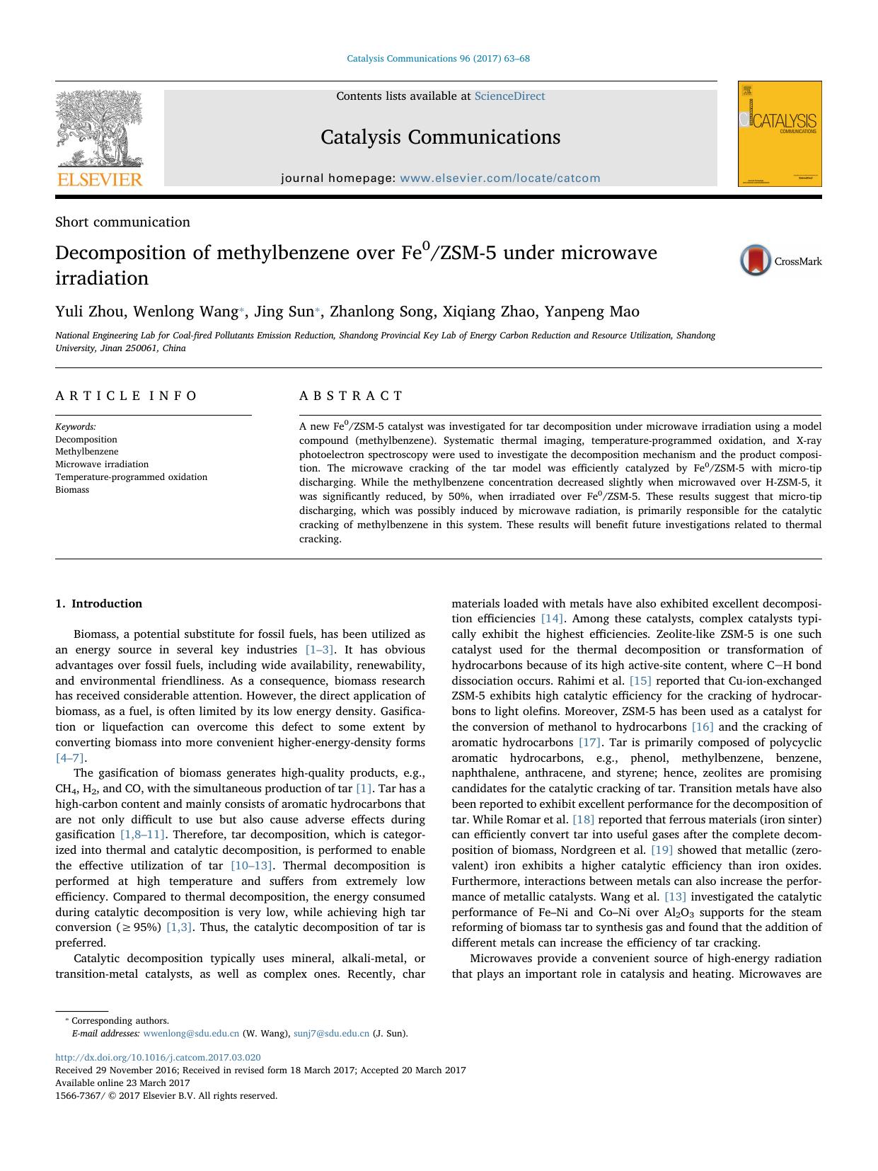Decomposition of methylbenzene over Fe0ZSM-5 under microwave irradiation by Yuli Zhou & Wenlong Wang & Jing Sun & Zhanlong Song & Xiqiang Zhao & Yanpeng Mao