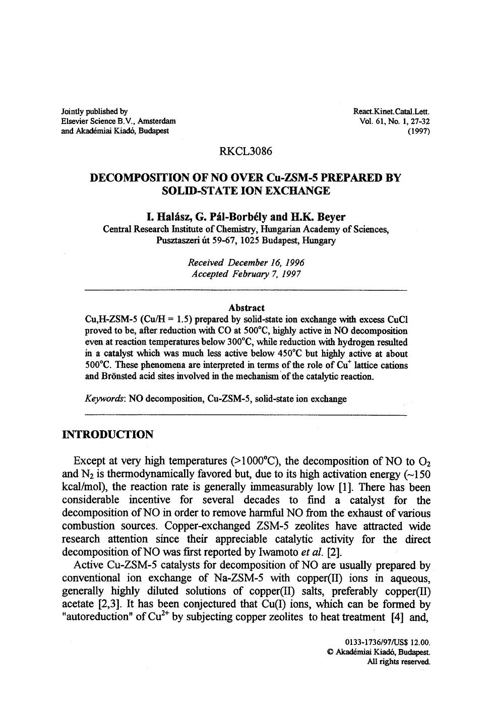Decomposition of no over Cu-ZSM-5 prepared by solid-state ion exchange by Unknown