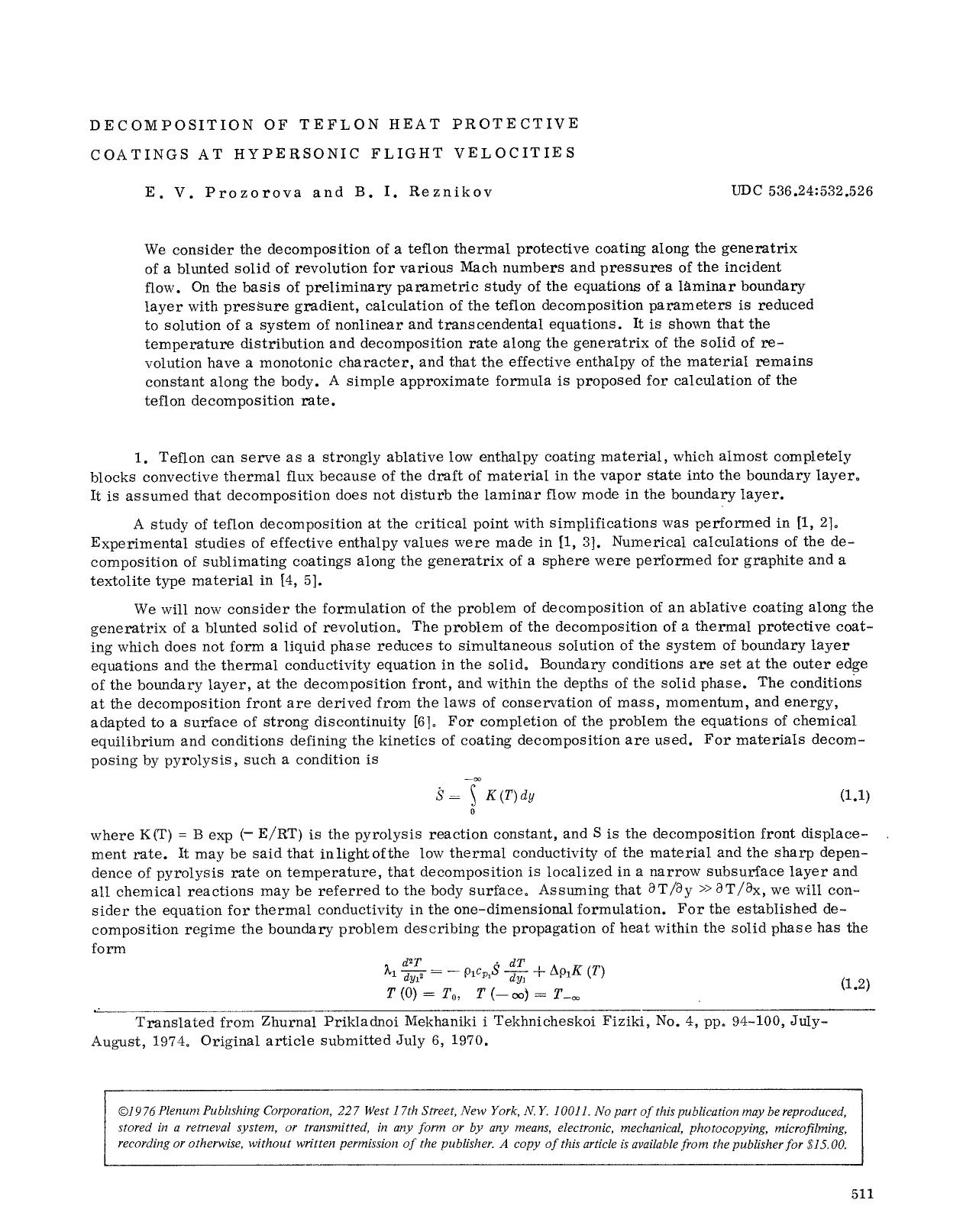 Decomposition of teflon heat protective coatings at hypersonic flight velocities by Unknown