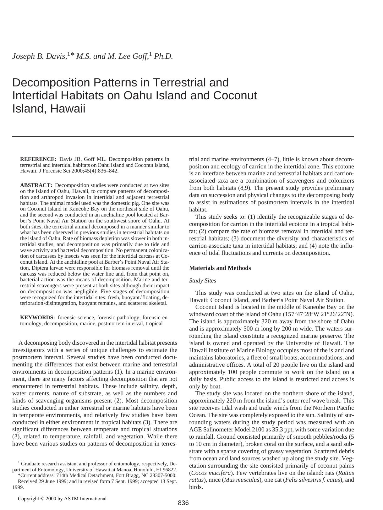 Decomposition patterns in terrestrial and intertidal habitats on Oahu Island and Coconut Island, Hawaii by Davis JB Goff ML