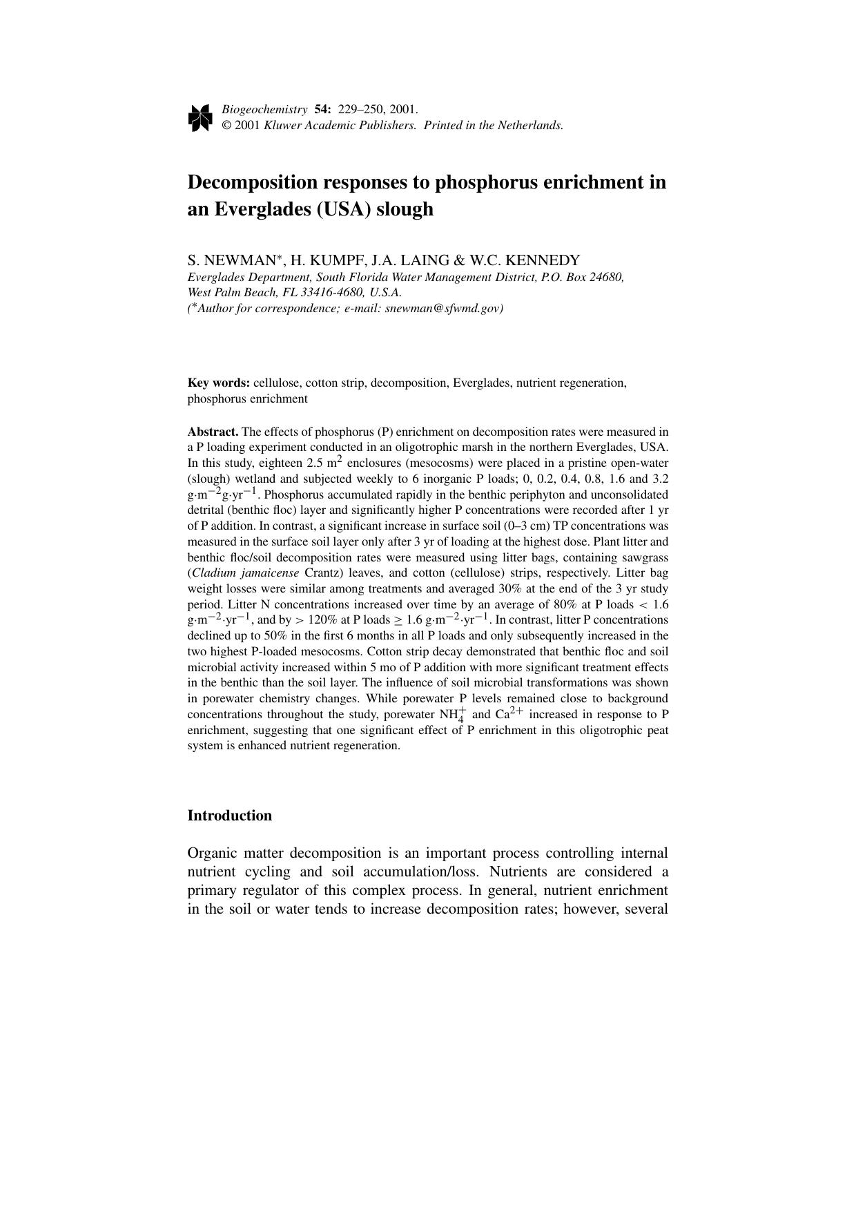 Decomposition responses to phosphorus enrichment in an Everglades (USA) slough by Unknown