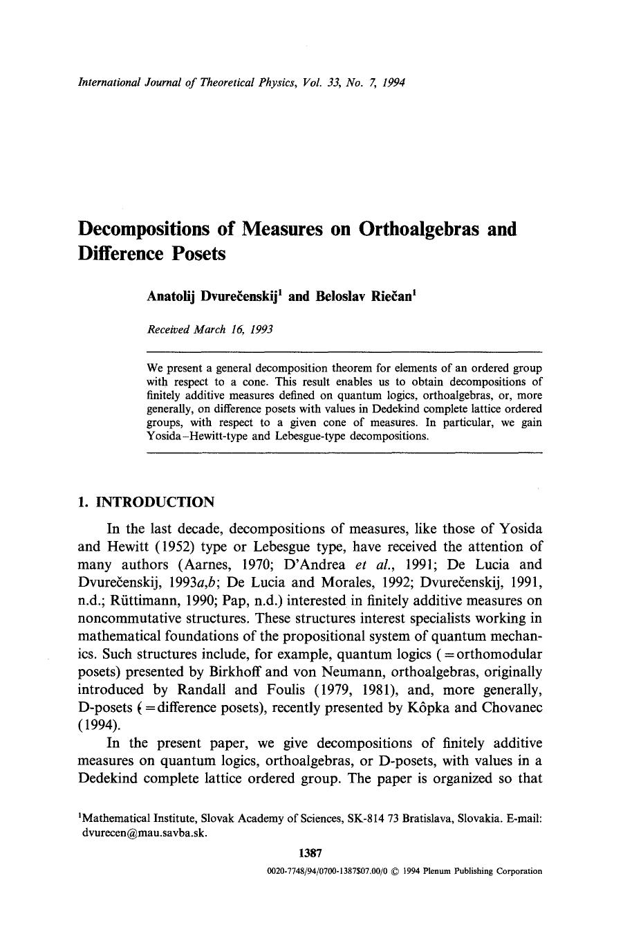 Decompositions of measures on orthoalgebras and difference posets by Unknown
