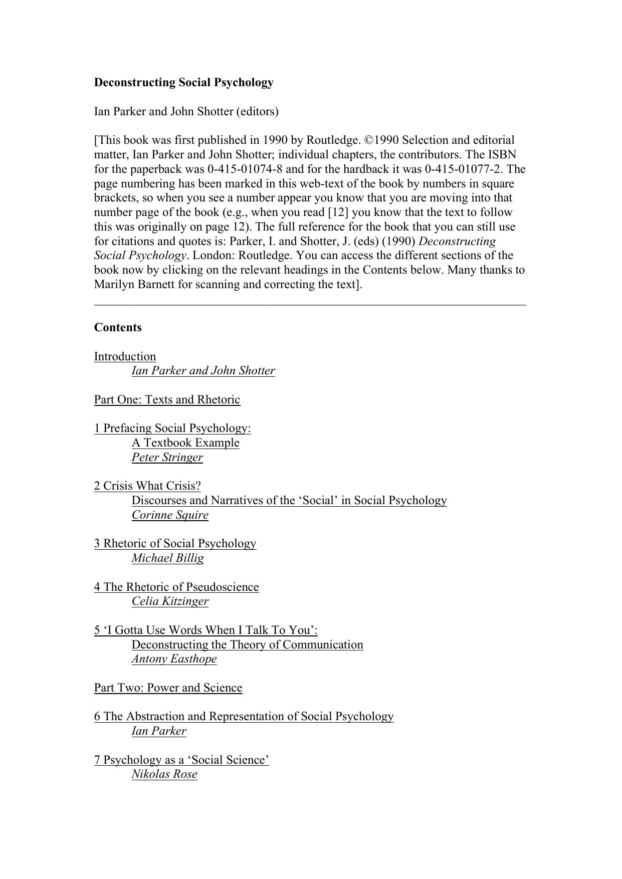 Deconstructing Social Psychology by Ian Parker John Shotter