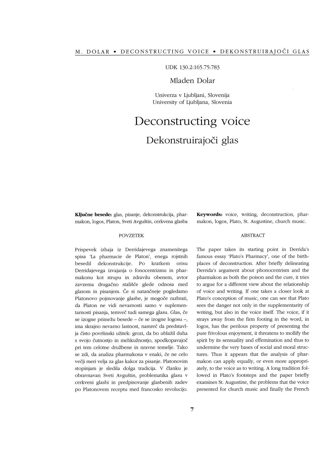 Deconstructing Voice In Plato And Augustine [Freudian-Lacanian Psychoanalysis] by Unknown