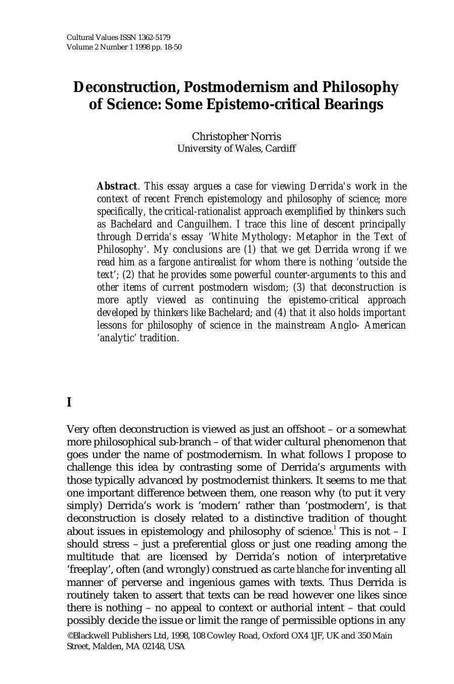 Deconstruction, Postmodernism And Philosophy Of Science - Epistemo-critical Bearings by Christopher Norris