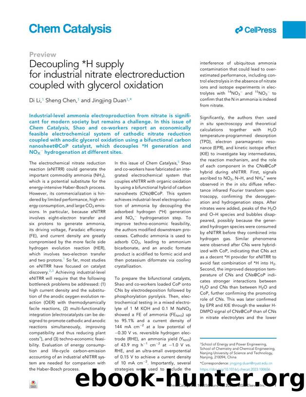 Decoupling &lowast;H supply for industrial nitrate electroreduction coupled with glycerol oxidation by Di Li & Sheng Chen & Jingjing Duan