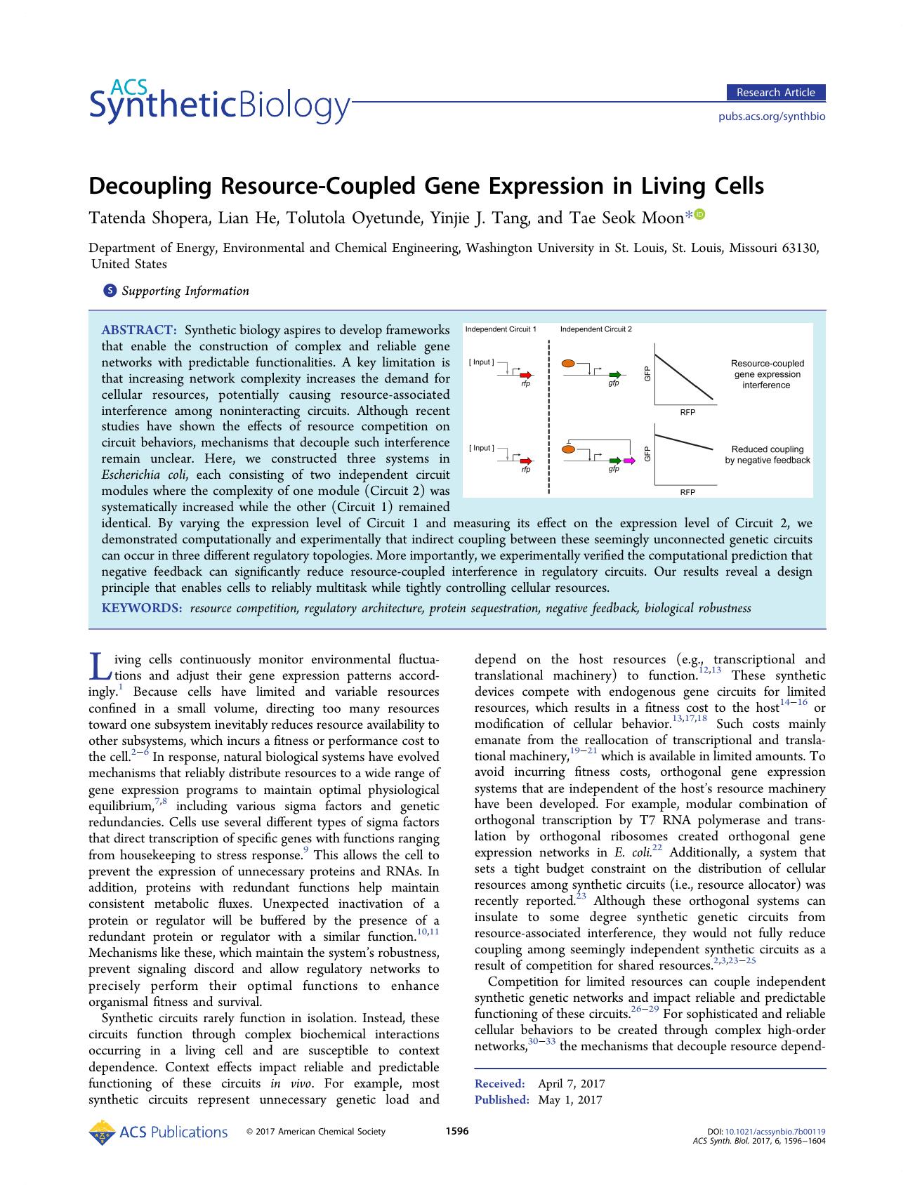 Decoupling Resource-Coupled Gene Expression in Living Cells by Tatenda Shopera Lian He Tolutola Oyetunde Yinjie J. Tang and Tae Seok Moon