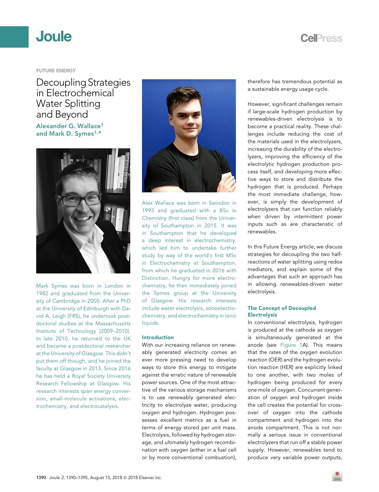 Decoupling Strategies in Electrochemical Water Splitting and Beyond by Alexander G. Wallace & Mark D. Symes