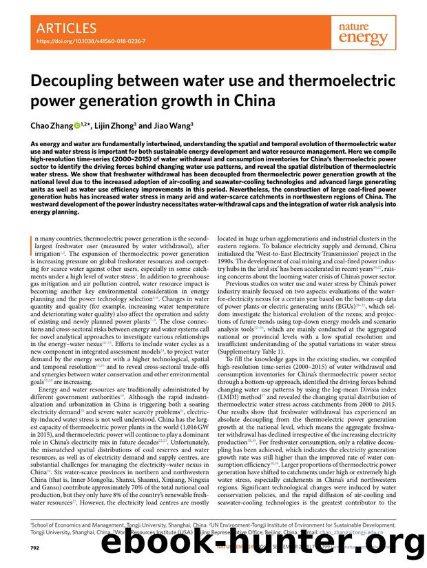 Decoupling between water use and thermoelectric power generation growth in China by Chao Zhang & Lijin Zhong & Jiao Wang