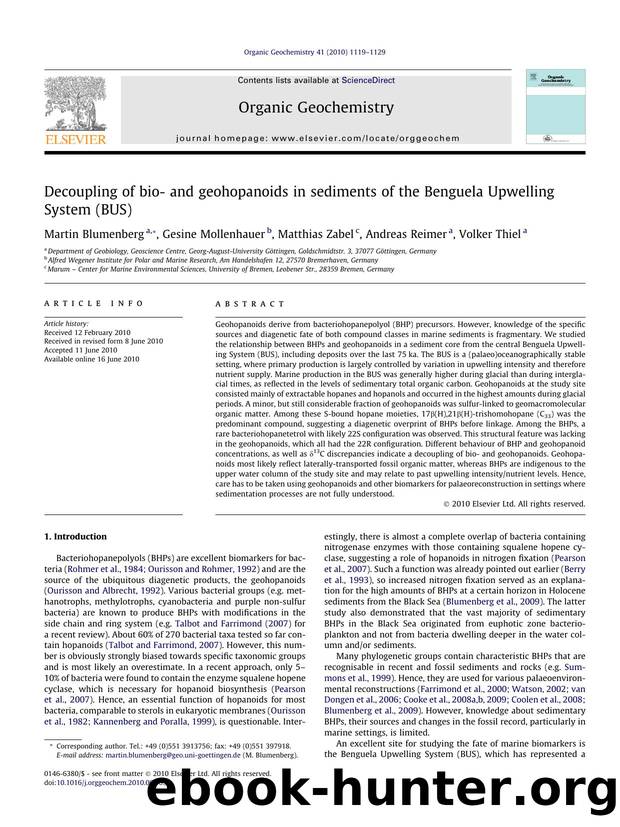 Decoupling of bio- and geohopanoids in sediments of the Benguela Upwelling System (BUS) by Martin Blumenberg & Gesine Mollenhauer & Matthias Zabel & Andreas Reimer & Volker Thiel