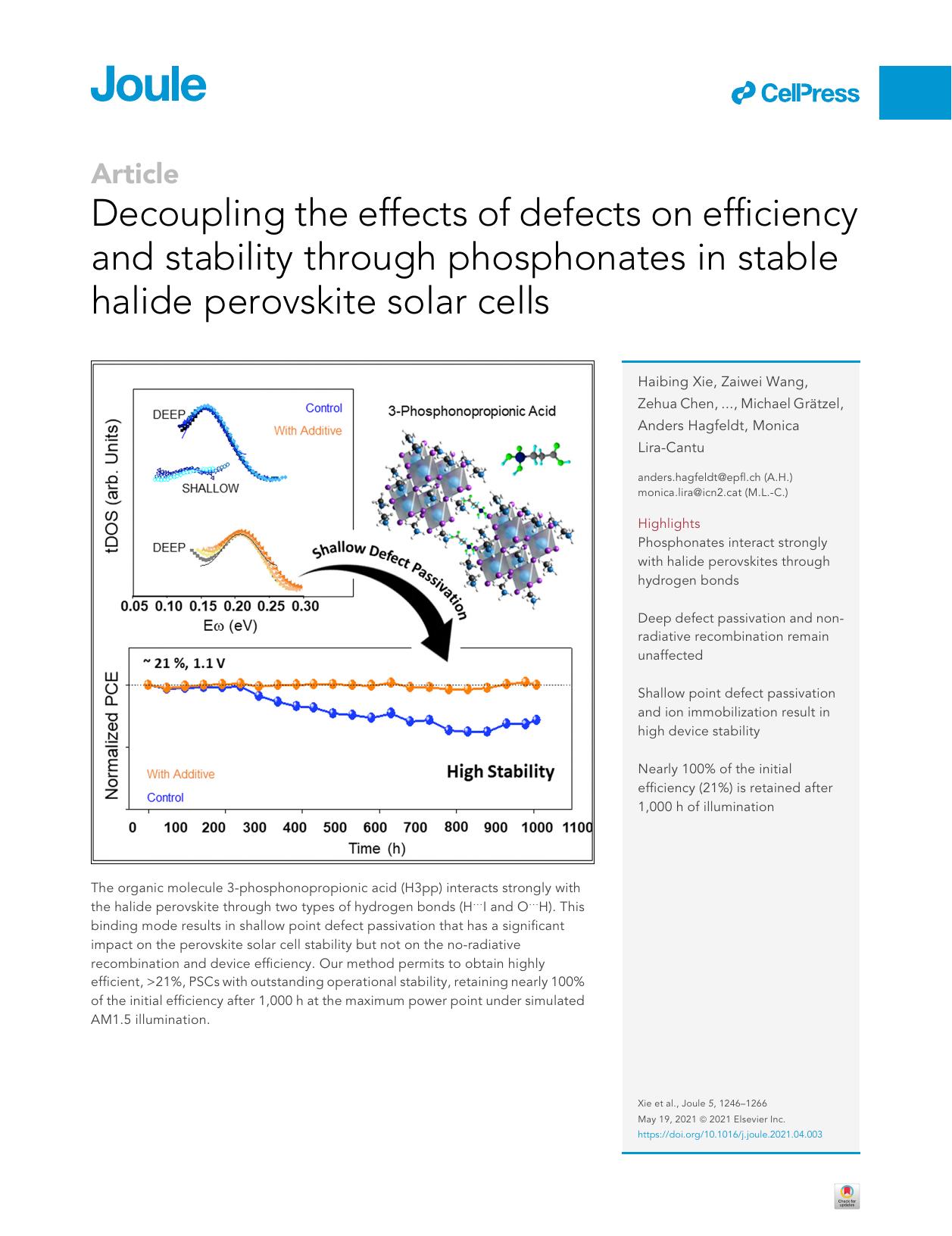 Decoupling the effects of defects on efficiency and stability through phosphonates in stable halide perovskite solar cells by unknow