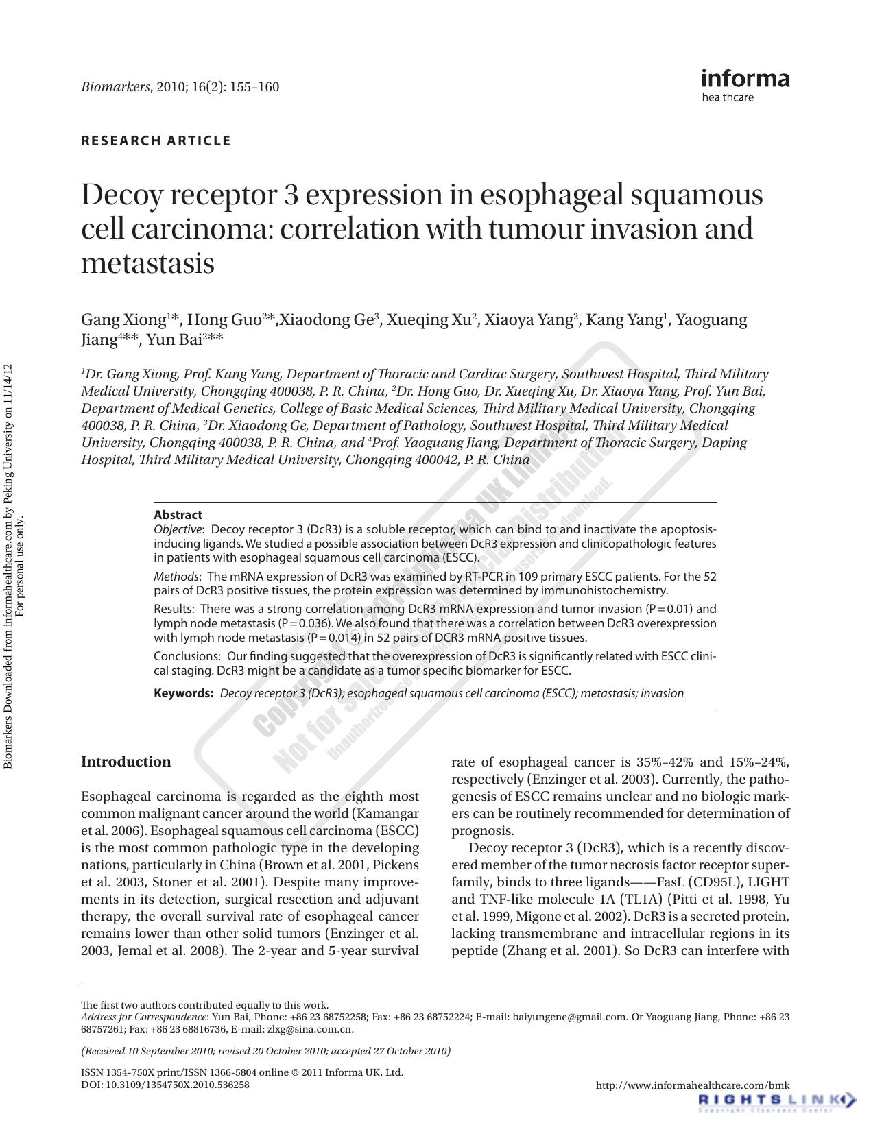 Decoy receptor 3 expression in esophageal squamous cell carcinoma: correlation with tumour invasion and metastasis by Gang Xiong Hong Guo Xiaodong Ge Xueqing Xu Xiaoya Yang Kang Yang Yaoguang Jiang & Yun Bai