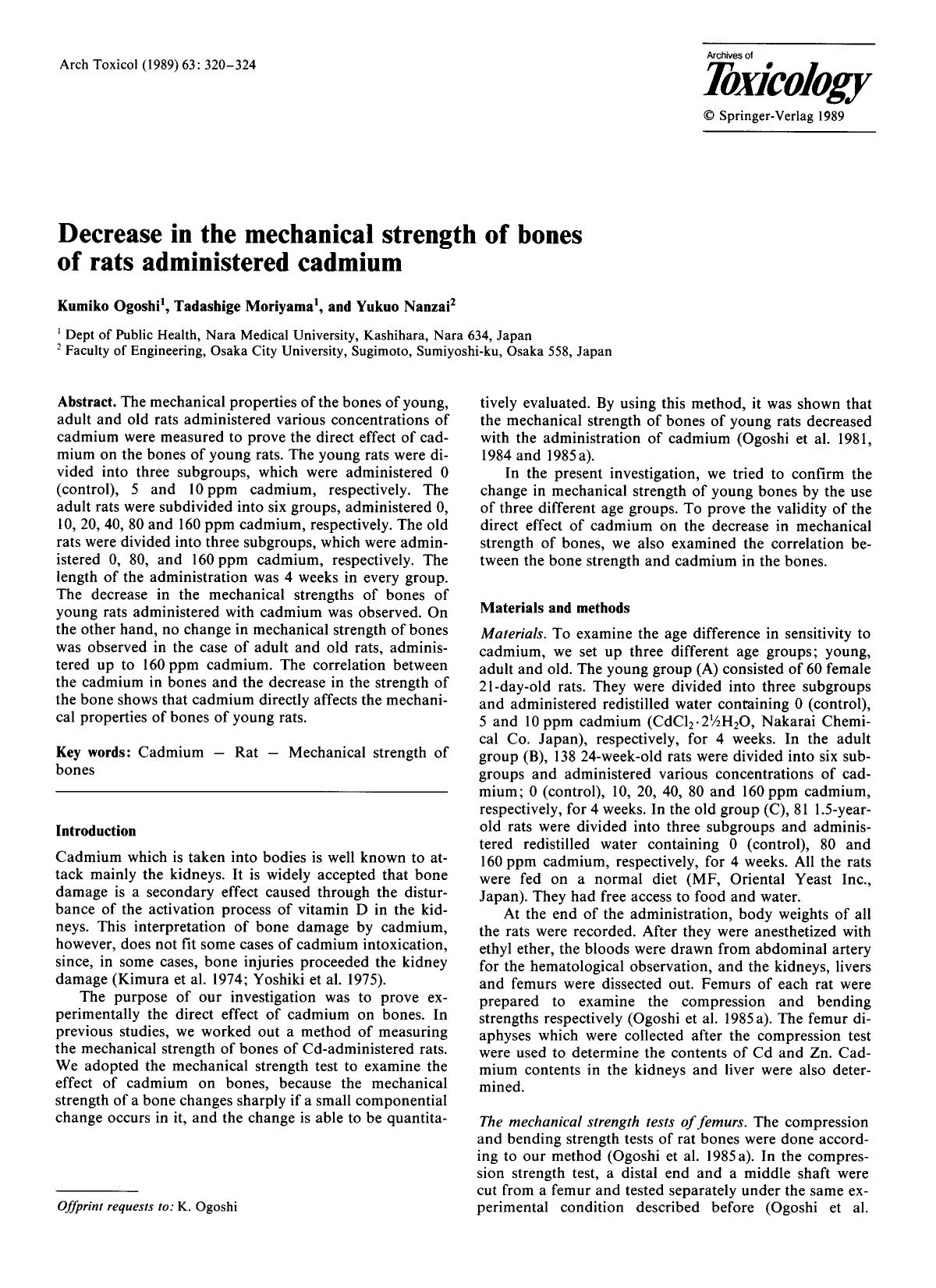 Decrease in the mechanical strength of bones of rats administered cadmium by Unknown