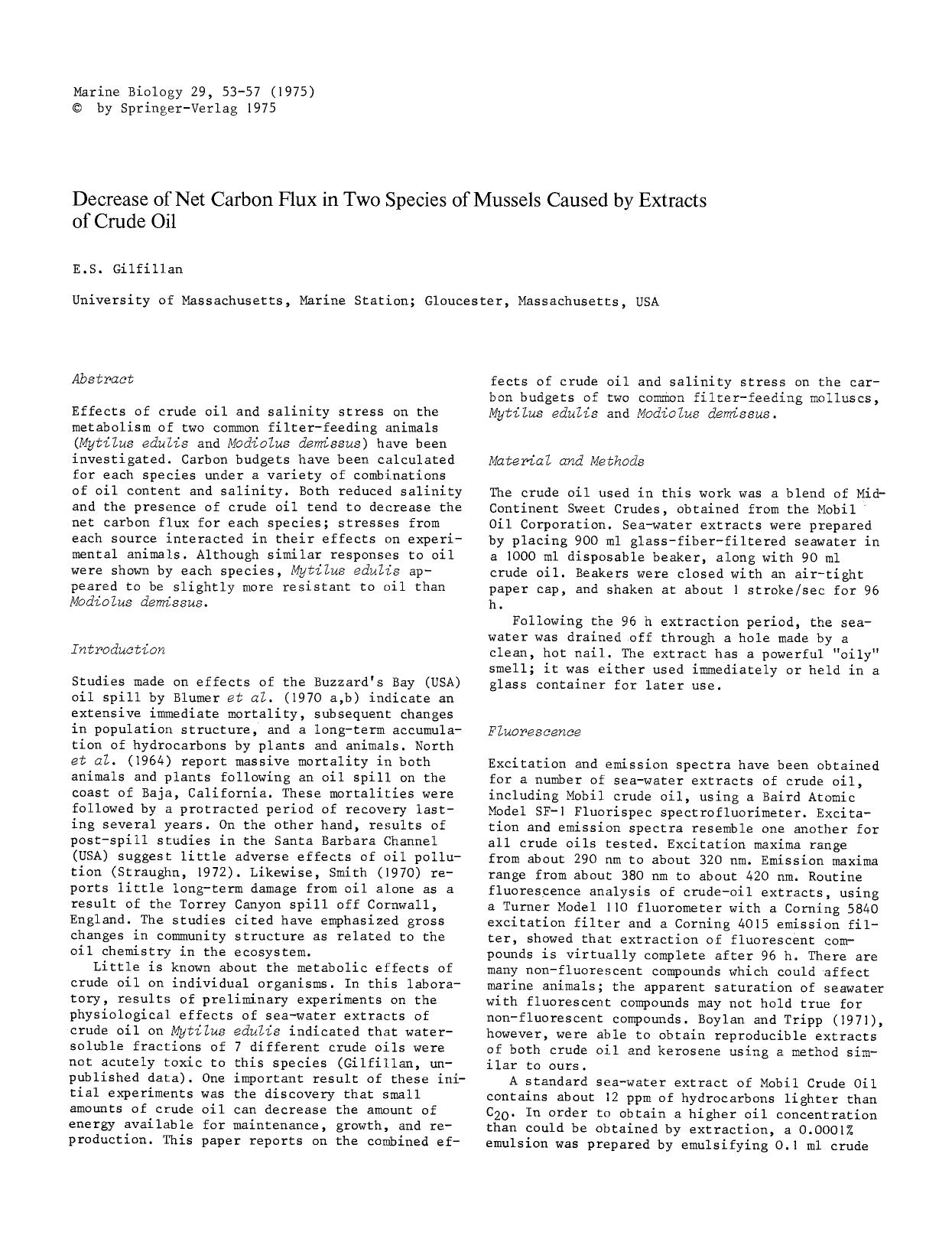 Decrease of net carbon flux in two species of mussels caused by extracts of crude oil by Unknown