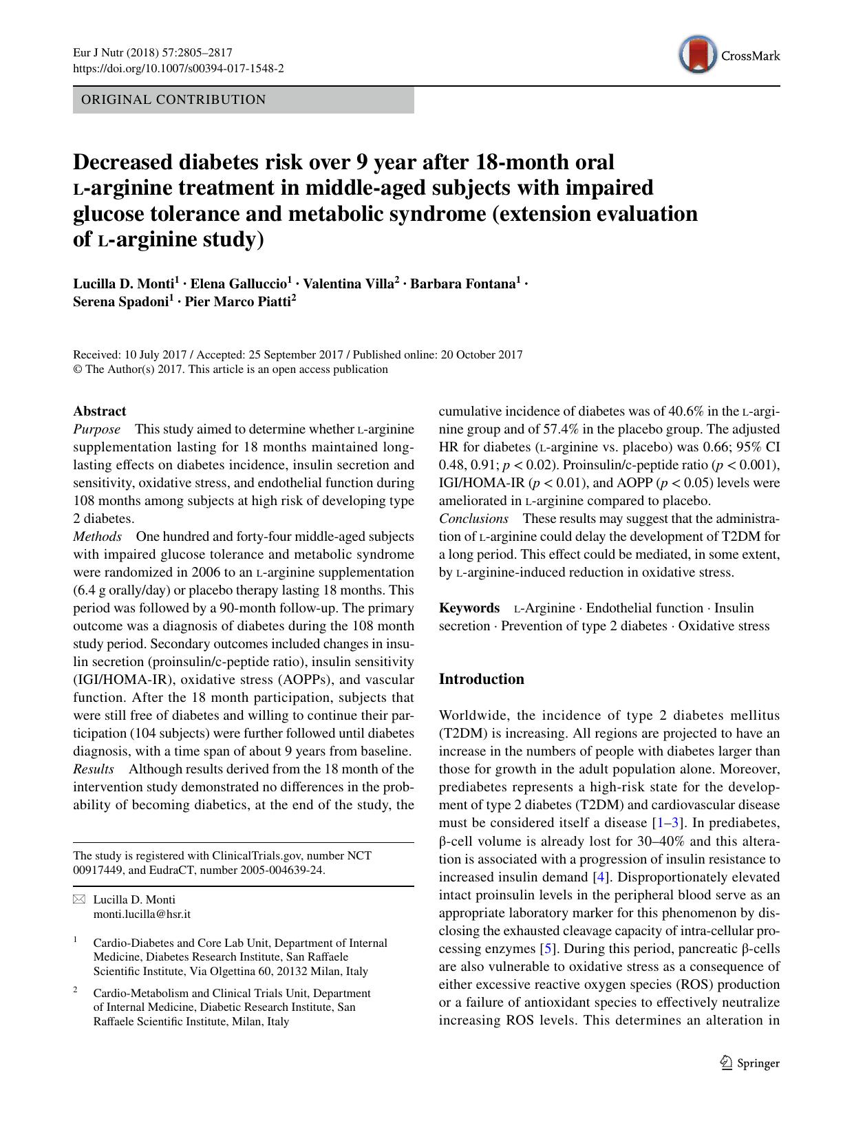 Decreased diabetes risk over 9 year after 18-month oral l-arginine treatment in middle-aged subjects with impaired glucose tolerance and metabolic syndrome (extension evaluation of l-arginine study) by unknow