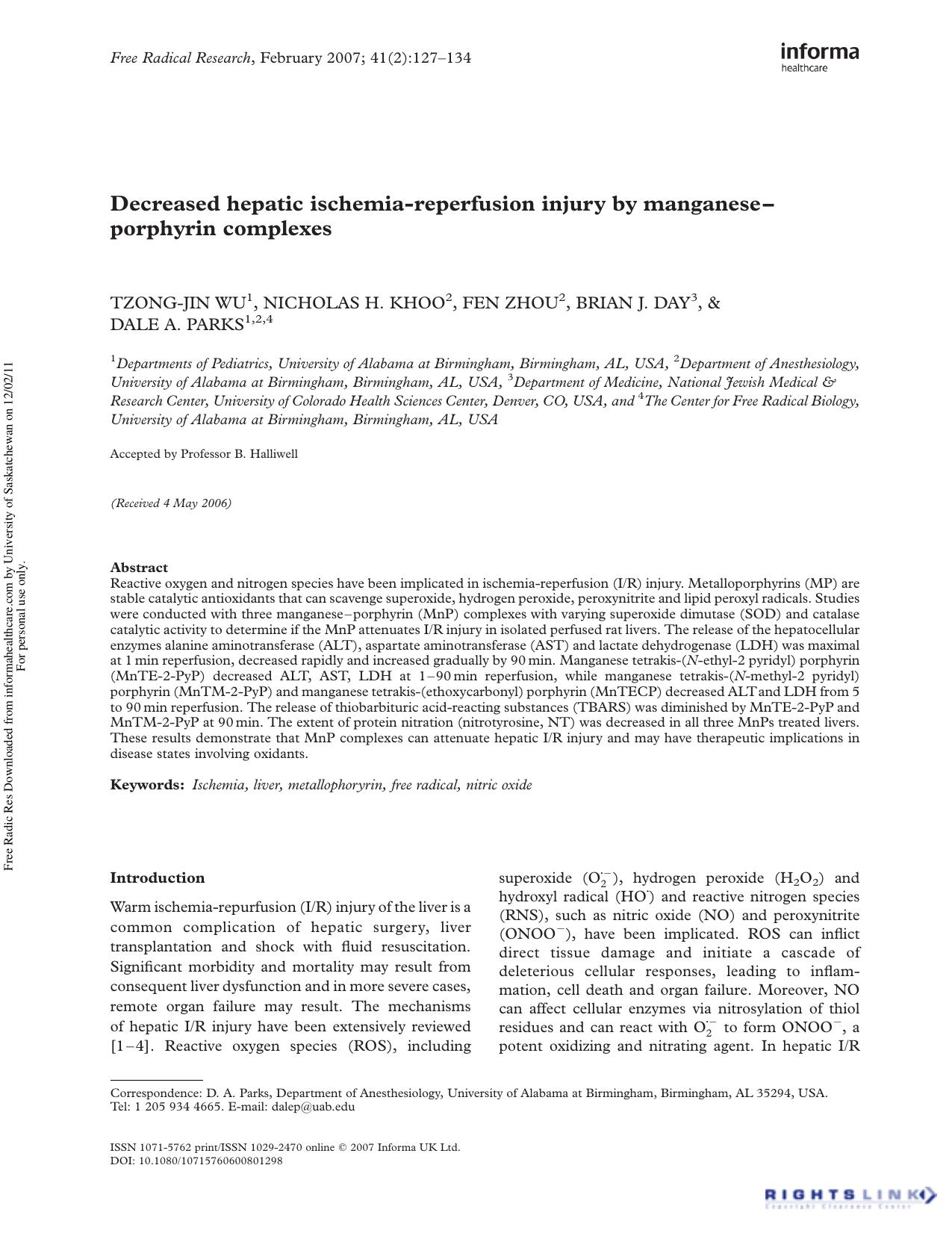 Decreased hepatic ischemia-reperfusion injury by manganeseâporphyrin complexes by Tzong-Jin Wu1 Nicholas H. Khoo2 Fen Zhou2 Brian J. Day4 & Dale A. Parks1 24†