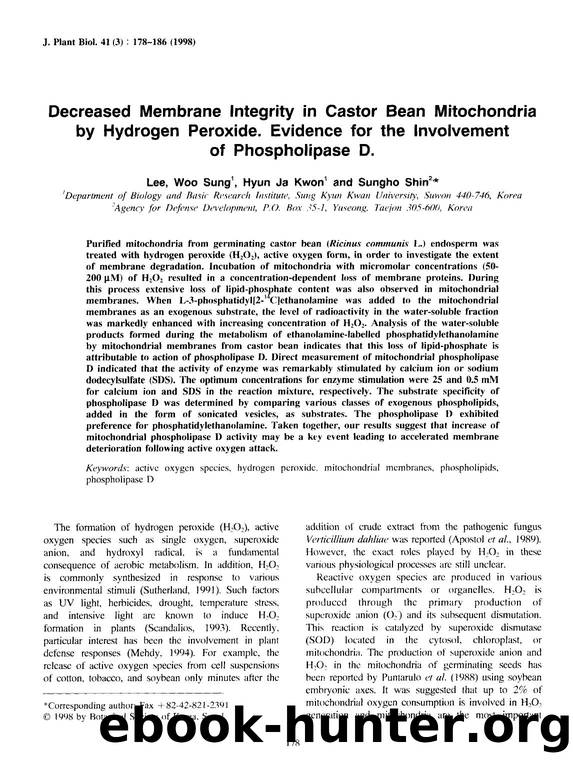 Decreased membrane integrity in castor bean mitochondria by hydrogen peroxide. Evidence for the involvement of phospholipase D. by Unknown