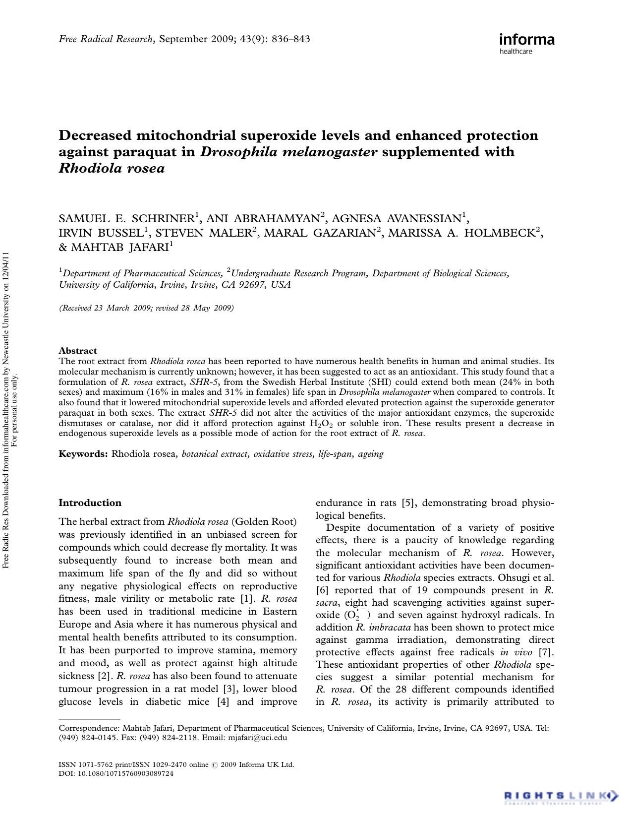 Decreased mitochondrial superoxide levels and enhanced protection against paraquat in Drosophilamelanogaster supplemented with Rhodiola rosea by unknow