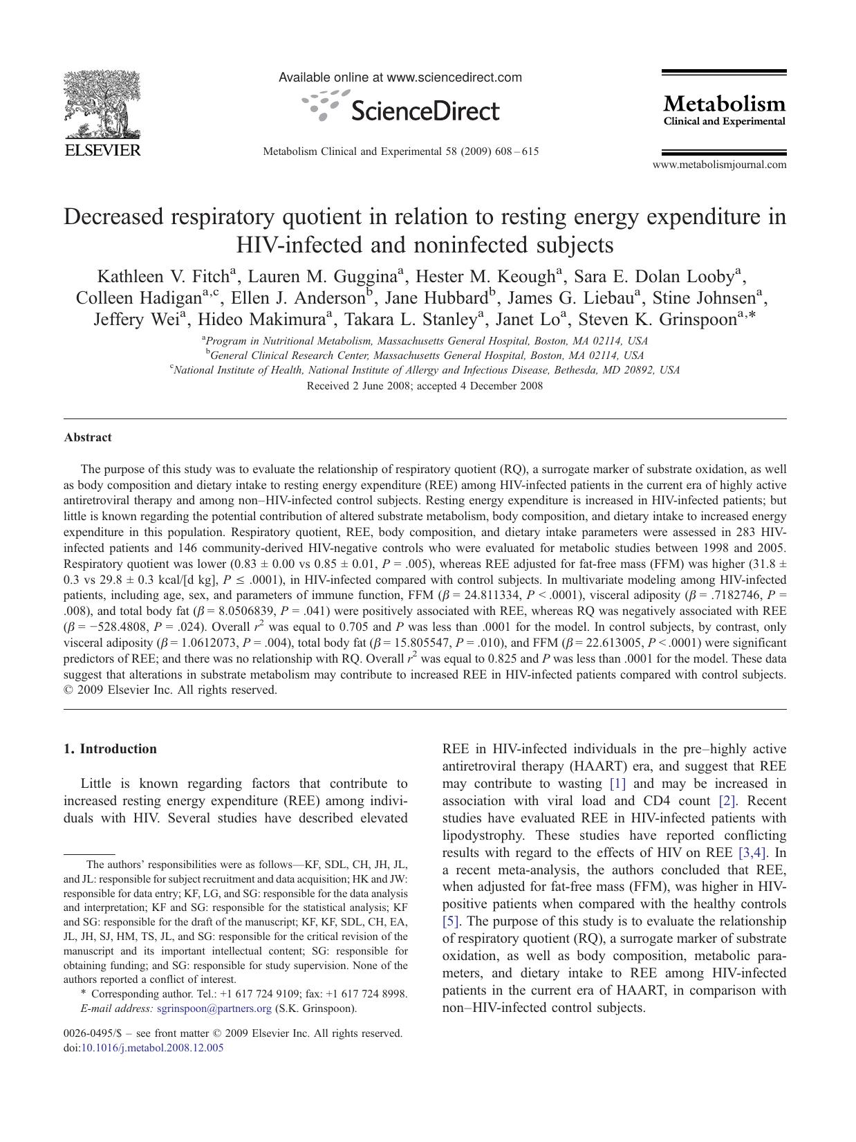 Decreased respiratory quotient in relation to resting energy expenditure in HIV-infected and noninfected subjects by unknow