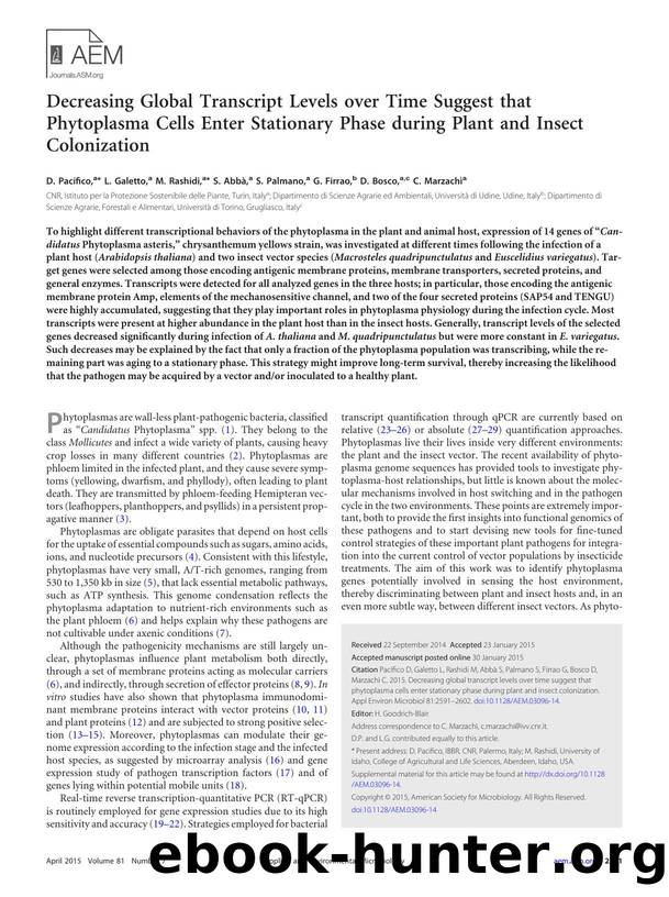 Decreasing Global Transcript Levels over Time Suggest that Phytoplasma Cells Enter Stationary Phase during Plant and Insect Colonization by D. Pacifico L. Galetto M. Rashidi S. Abbà S. Palmano G. Firrao D. Bosco C. Marzachì