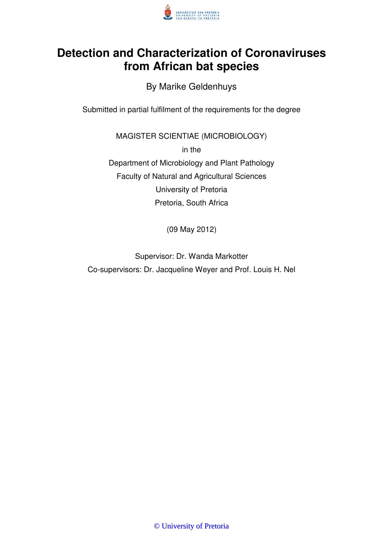 Dectection and characterization of Coronaviruses from African bat species by Marike Geldenhuys