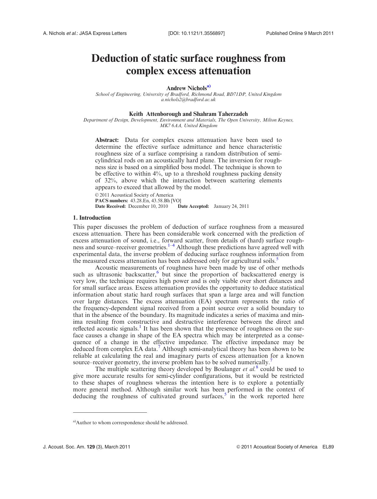 Deduction of static surface roughness from complex excess attenuation by Andrew Nichols & Keith Attenborough and Shahram Taherzadeh