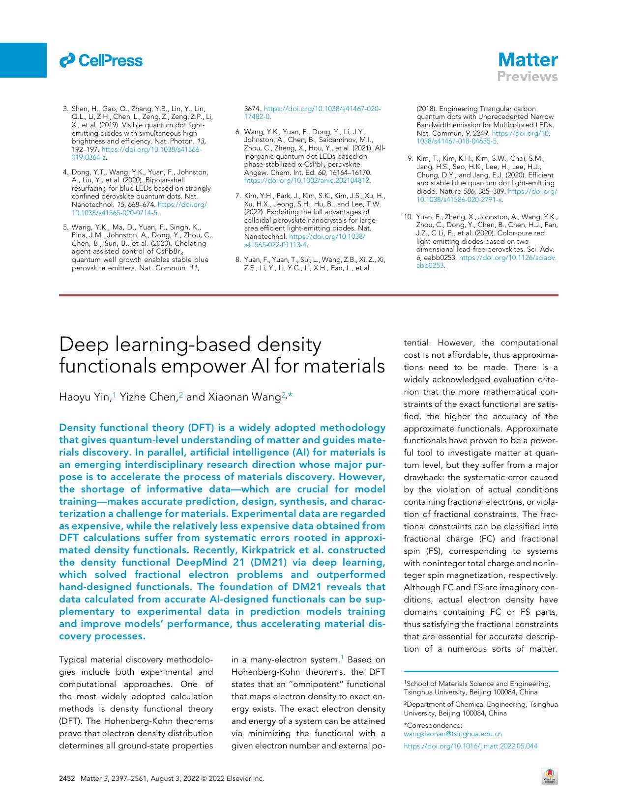 Deep Learning-based Density Functionals empower AI for Materials by Haoyu Yin & Yizhe Chen & Xiaonan Wang