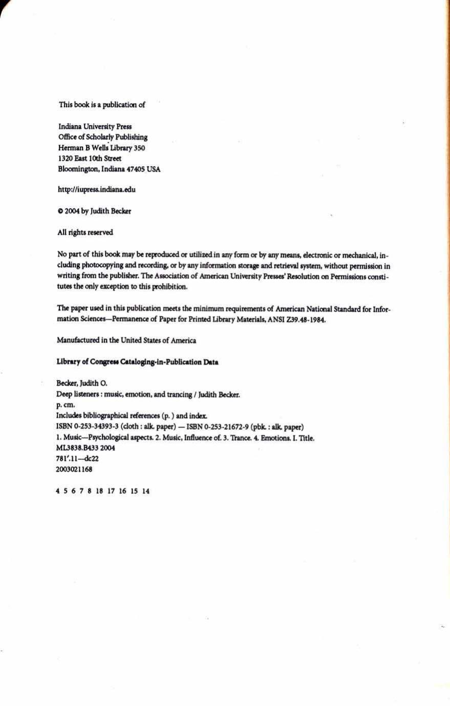 Deep Listeners: Music, Emotion, and Trancing by Judith C. Becker