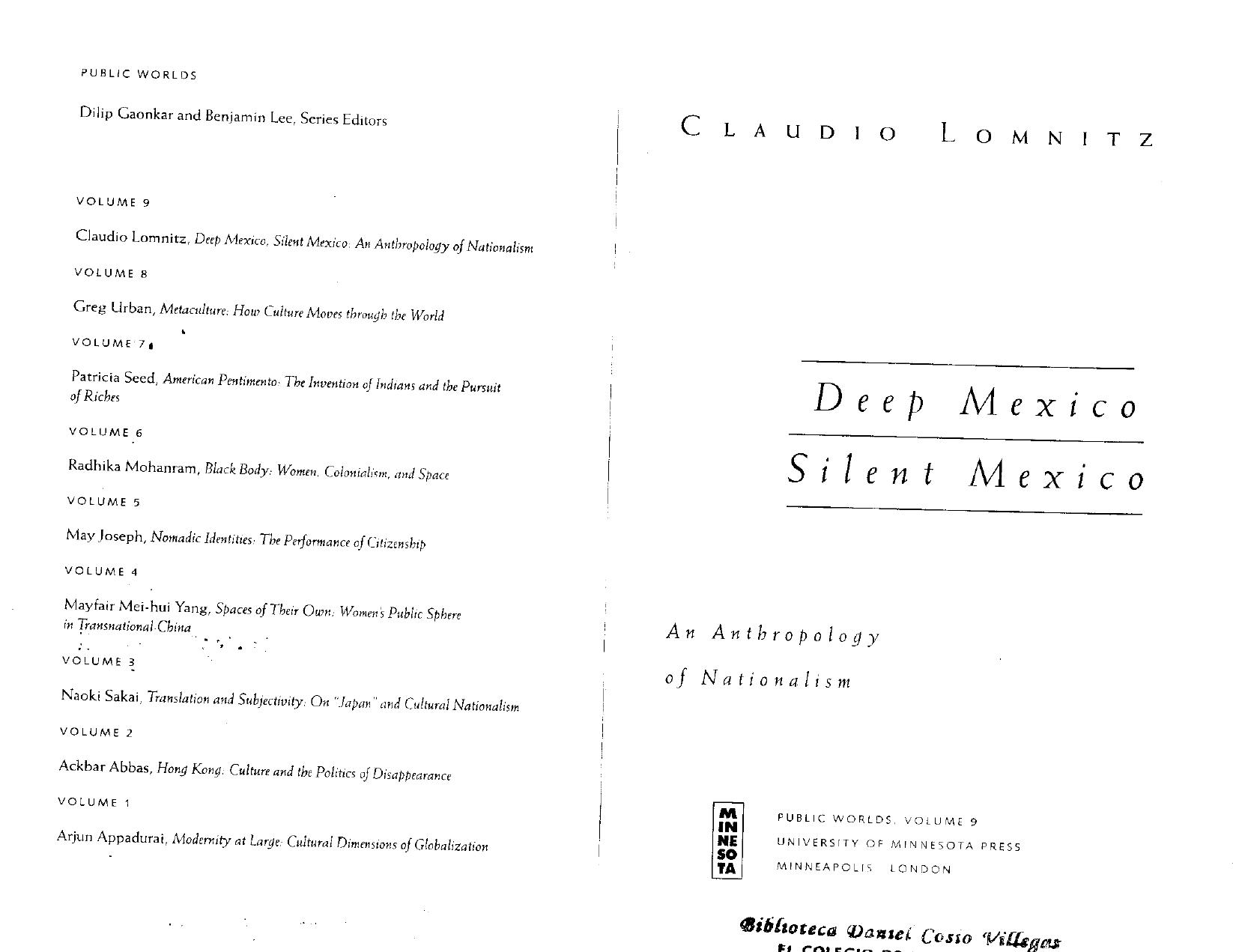 Deep Mexico, silent Mexico: an anthropology of nationalism by Claudio Lomnitz-Adler