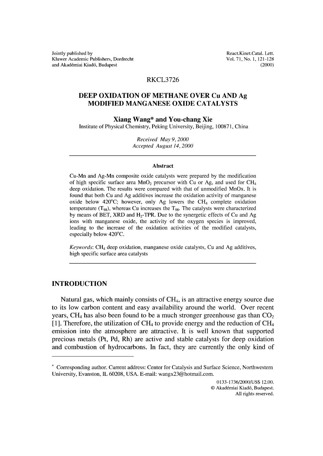 Deep Oxidation of Methane Over Cu and Ag Modified Manganese Oxide Catalysts by Unknown