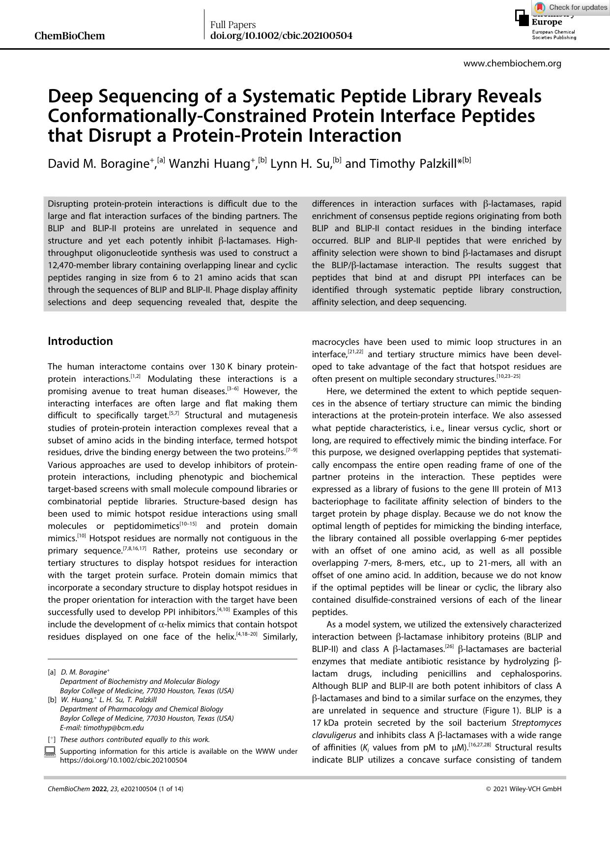 Deep Sequencing of a Systematic Peptide Library Reveals ConformationallyâConstrained Protein Interface Peptides that Disrupt a ProteinâProtein Interaction by Unknown