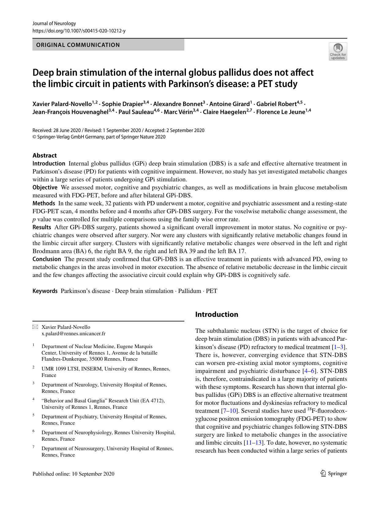 Deep brain stimulation of the internal globus pallidus does not affect the limbic circuit in patients with Parkinsonâs disease: a PET study by unknow