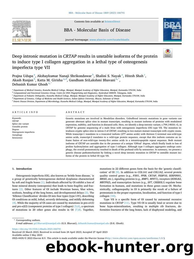 Deep intronic mutation in CRTAP results in unstable isoforms of the protein to induce type I collagen aggregation in a lethal type of osteogenesis imperfecta type VII by unknow