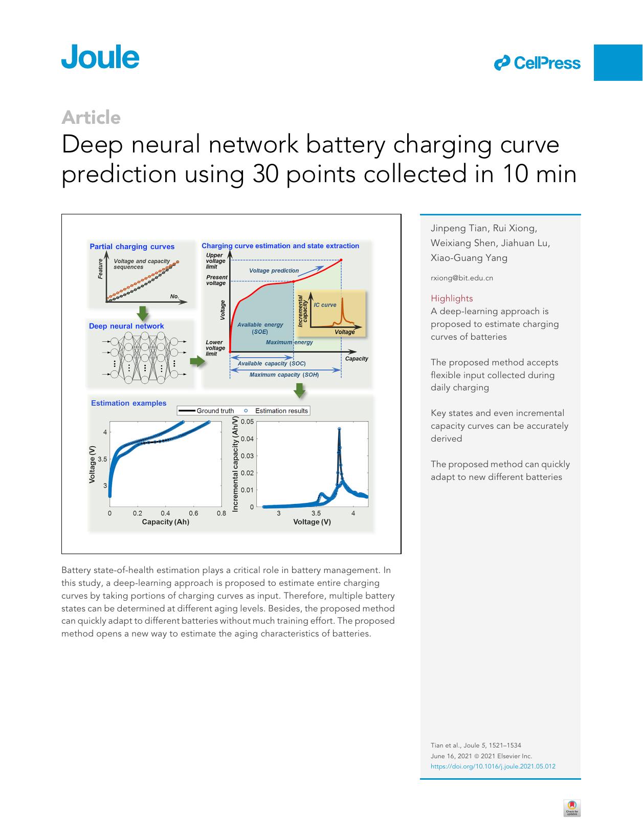 Deep neural network battery charging curve prediction using 30 points collected in 10&nbsp;min by Jinpeng Tian & Rui Xiong & Weixiang Shen & Jiahuan Lu & Xiao-Guang Yang