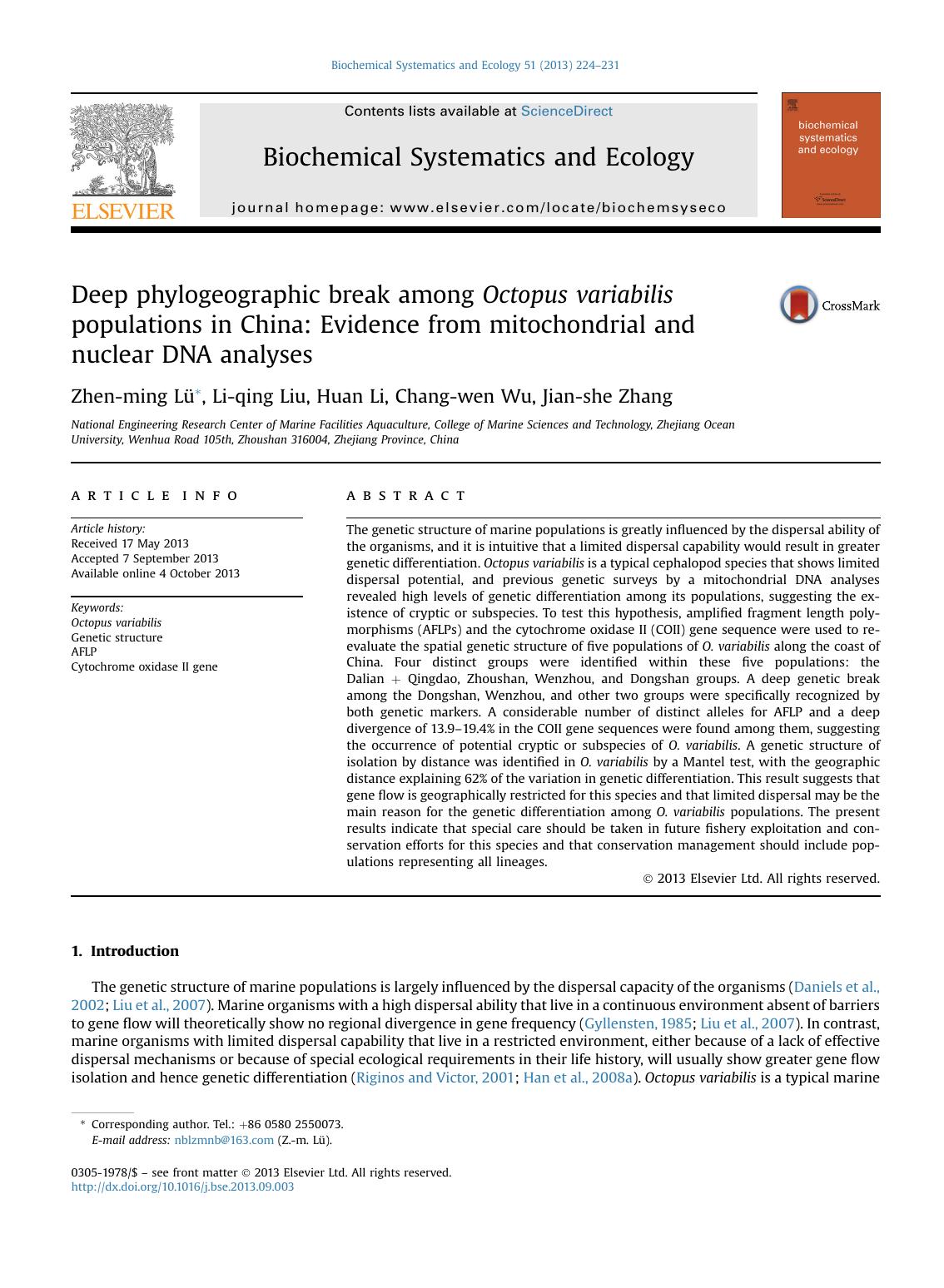 Deep phylogeographic break among Octopus variabilis populations in China: Evidence from mitochondrial and nuclear DNA analyses by Zhen-ming Lü & Li-qing Liu & Huan Li & Chang-wen Wu & Jian-she Zhang