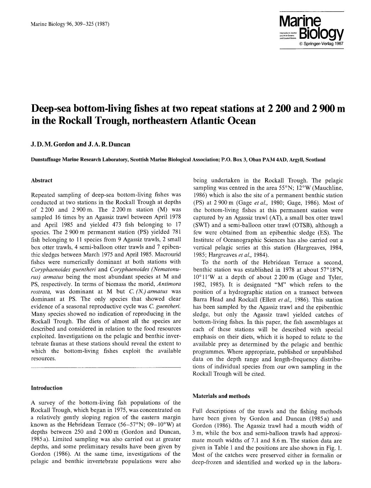 Deep-sea bottom-living fishes at two repeat stations at 2 200 and 2 900 m in the Rockall Trough, northeastern Atlantic Ocean by Unknown