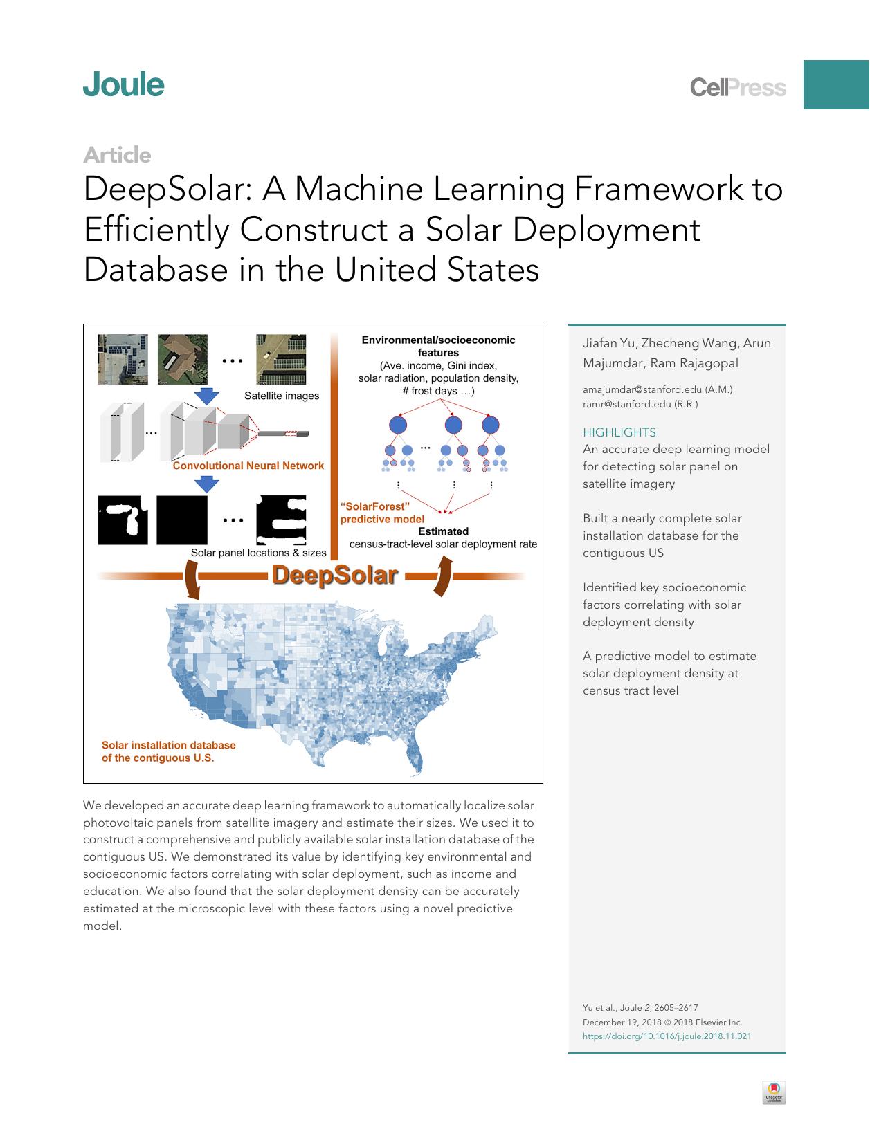 DeepSolar: A Machine Learning Framework to Efficiently Construct a Solar Deployment Database in the United States by Jiafan Yu & Zhecheng Wang & Arun Majumdar & Ram Rajagopal