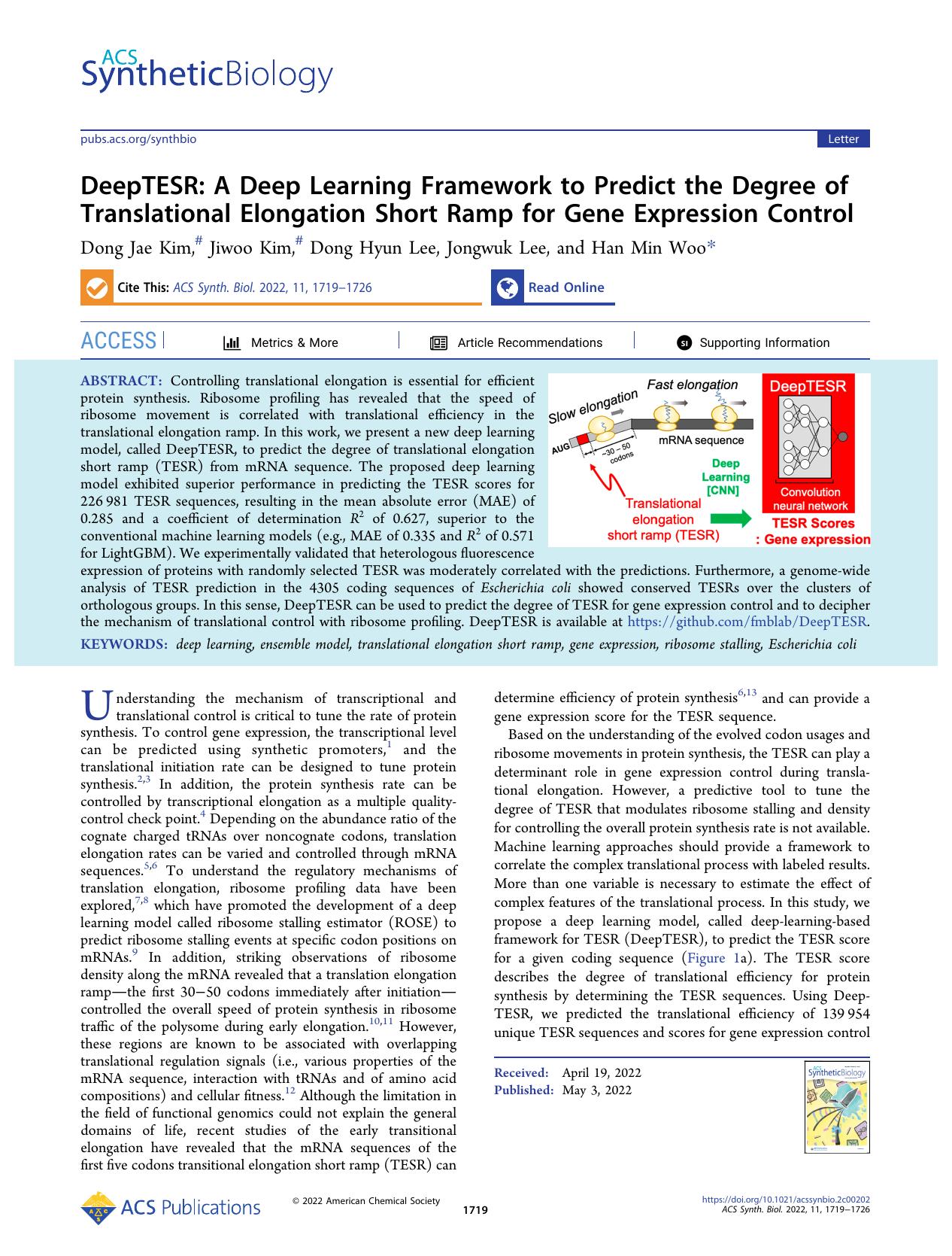 DeepTESR: A Deep Learning Framework to Predict the Degree of Translational Elongation Short Ramp for Gene Expression Control by Dong Jae Kim Jiwoo Kim Dong Hyun Lee Jongwuk Lee and Han Min Woo