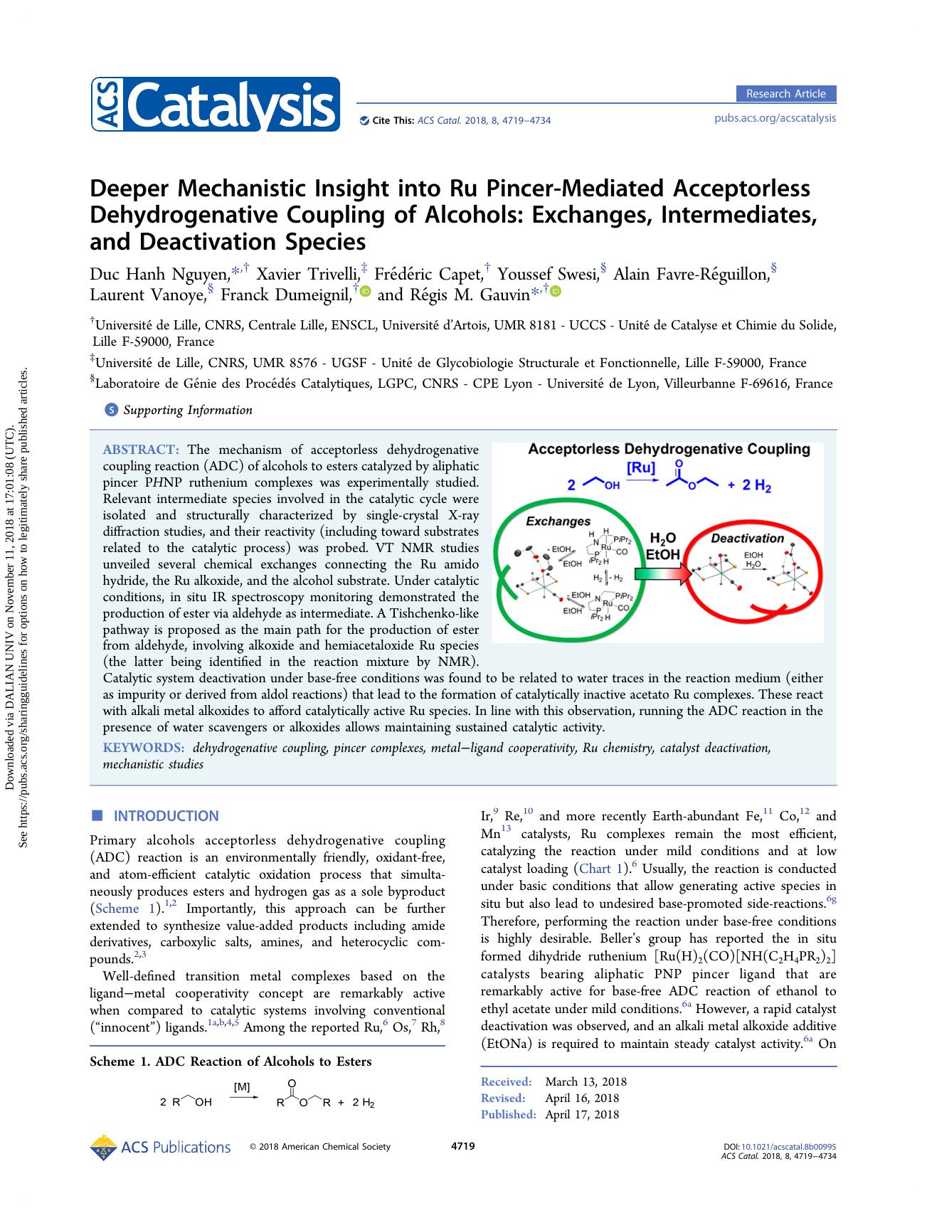 Deeper Mechanistic Insight into Ru Pincer-Mediated Acceptorless Dehydrogenative Coupling of Alcohols: Exchanges, Intermediates, and Deactivation Species by unknow