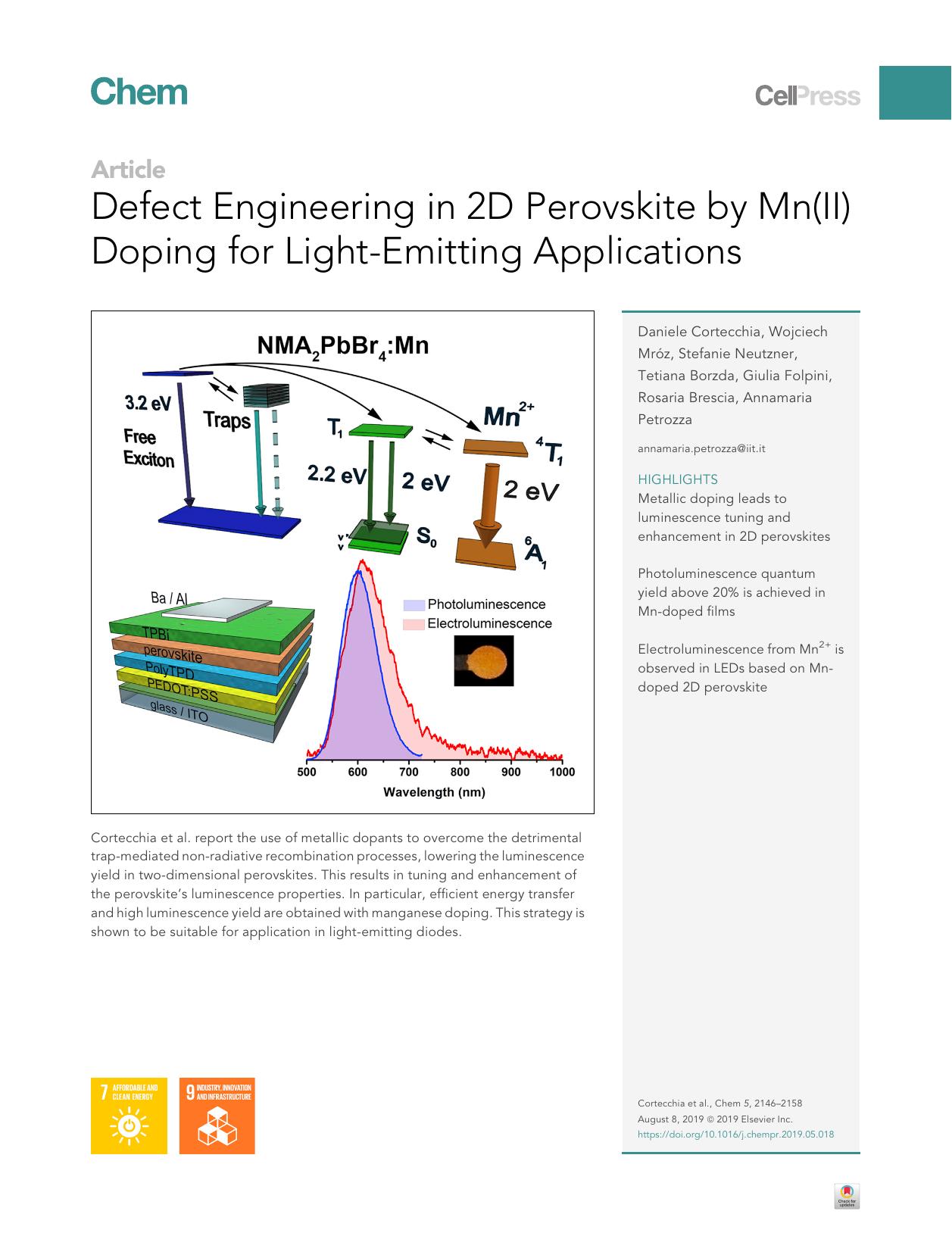 Defect Engineering in 2D Perovskite by Mn(II) Doping for Light-Emitting Applications by unknow