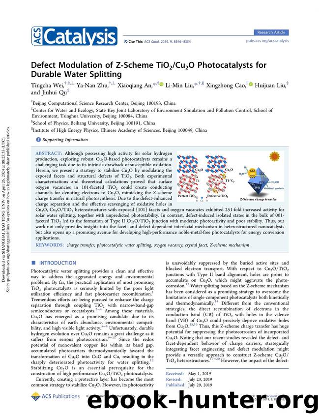 Defect Modulation of Z-Scheme TiO2Cu2O Photocatalysts for Durable Water Splitting by Tingcha Wei Ya-Nan Zhu Xiaoqiang An Li-Min Liu Xingzhong Cao Huijuan Liu & Jiuhui Qu