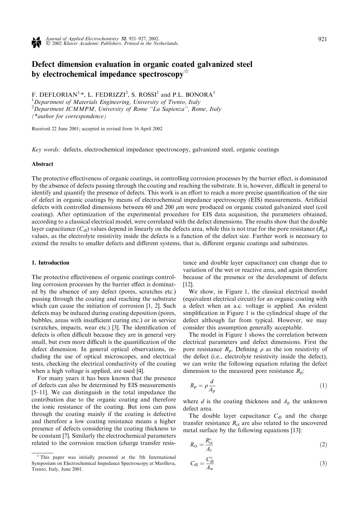 Defect dimension evaluation in organic coated galvanized steel by electrochemical impedance spectroscopy by Unknown