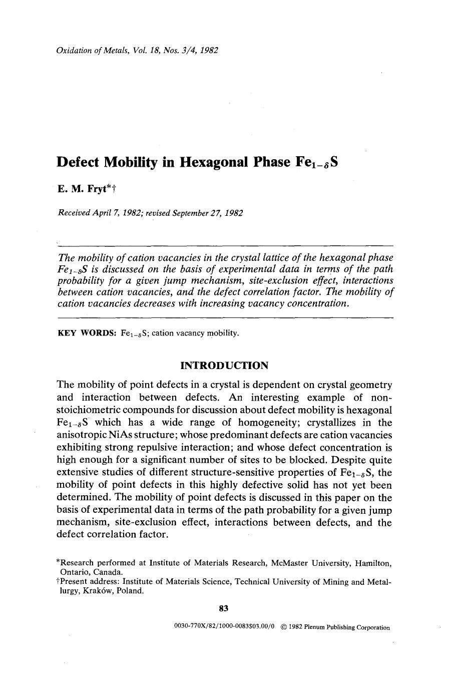 Defect mobility in hexagonal phase Fe <Subscript>1&#x2212; <Emphasis Type="Italic">&#x03B4; <Emphasis> <Subscript>S by Unknown