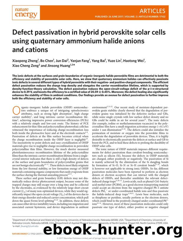 Defect passivation in hybrid perovskite solar cells using quaternary ammonium halide anions and cations by unknow