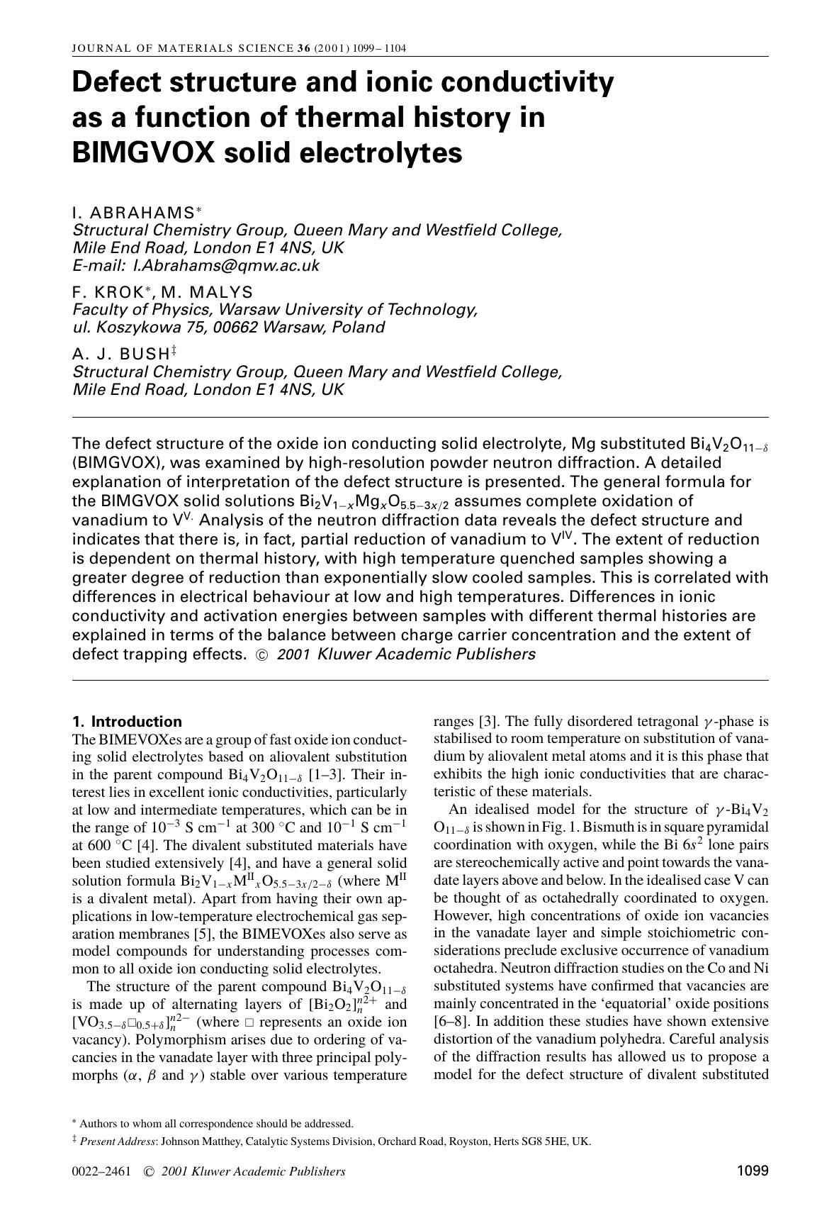 Defect structure and ionic conductivity as a function of thermal history in BIMGVOX solid electrolytes by Unknown
